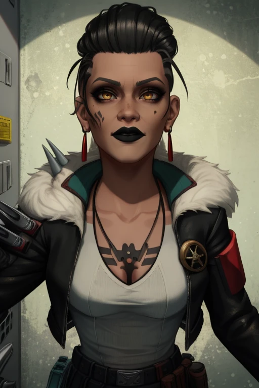 MadMaggie, hair slicked back, yellow eyes, black lips, eyeshadow, right facial tattoo , solo,  chest tattoo,  crazy eyes, crazy eyes,  closed fists,   open mouth, 
cowboy shot, 
Madattire,black jacket,spikes,white shirt ,black footwear, black fingerless gloves, red earrings, fur trim, necklace,  spiked shoulder pad,  
prison cell,  bars, 
(insanely detailed, beautiful detailed face, masterpiece, best quality)
 <lora:MadMaggie:0.8>