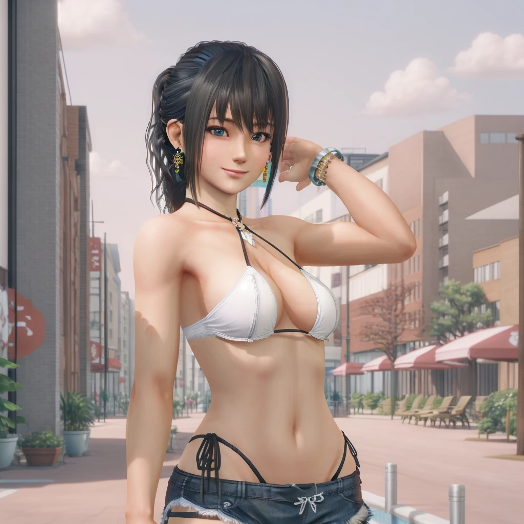masterpiece, best quality, 1girl, nanami, smile, (photorealistic:1.2), city, black shorts, swimsuit, breasts, short ponytail, earrings, <lora:FilmG2:1> <lora:doaxvv_nanami:0.7>