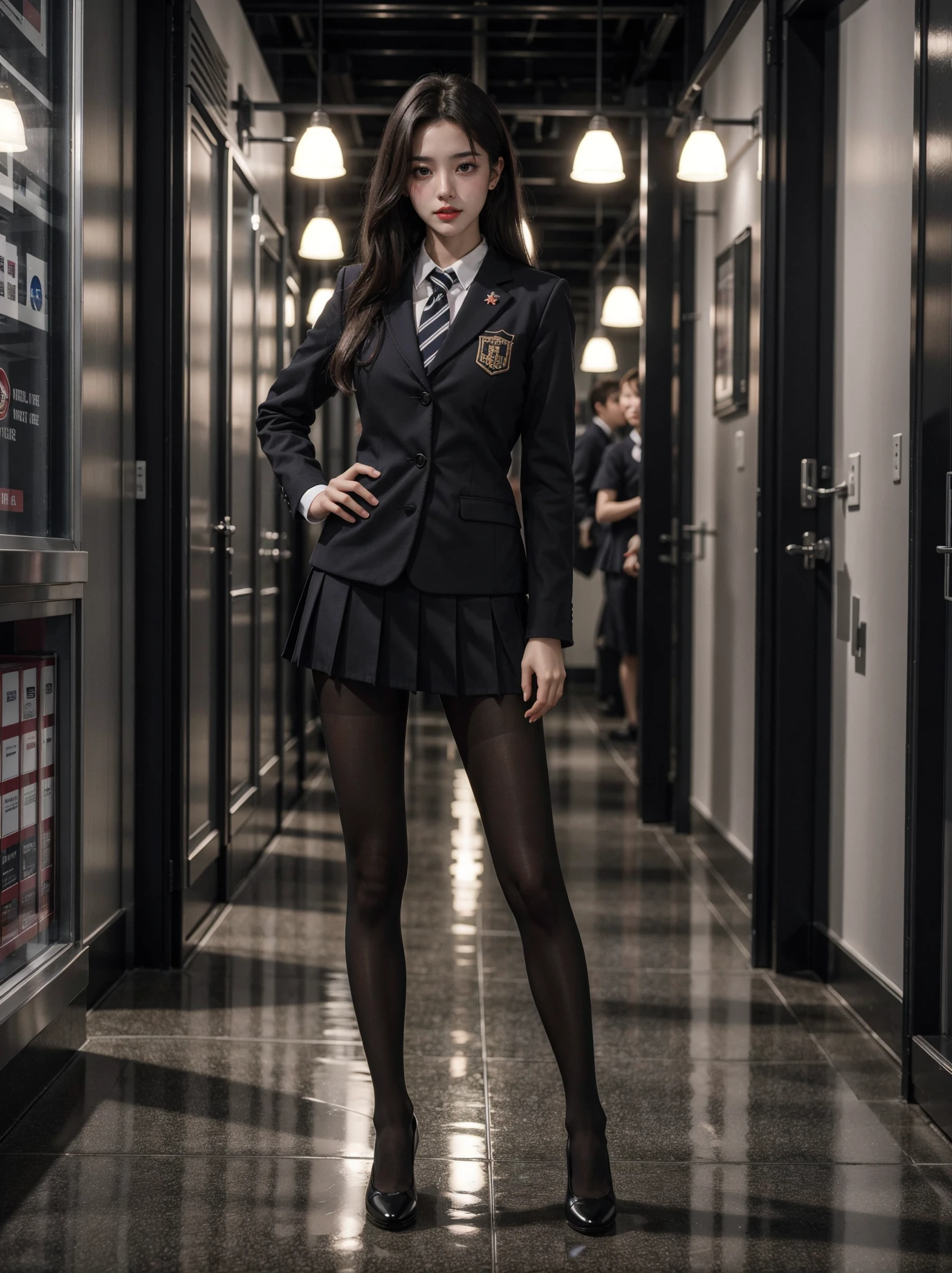1girl, solo, full body and pose, indoors
night, Mega casino background,
(long hair:1.1),(black_pantyhose:1.3),
(school uniform:1.2),
(17 years old handsome model),best quality, absurdres, Photography, sharp focus:1.4, (RAW photo, photorealistic, masterpiece, best quality, ultra high res), (super_detail, hyper_detail, finely_detailed),
pureerosface_v1,