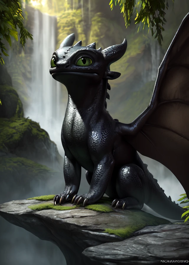 uploaded on e621, ((by Nicola Samori, by Zack Snyder, by Scavy)),
solo (quadruped feral:1.35) ((chibi toothless)) with ((black body)) and (black claws) and ((membranous wings)) and (clear yellow green eyes),
((detailed glistening scales)), (looking at viewer, three-quarter portrait:1.2),
BREAK
((mist mountain with plant and waterfall)), (fog, mist),
(detailed background, depth of field, half body shadow, sunlight, ambient light on the body),
(masterpiece, best quality, ultra realistic, 4k, 2k, (intricate:0.9), (high detail:1.3),
(3d \(artwork\):1.15), blender \(software\), soft focus, ray tracing, (unreal engine:1.3), absurd res)