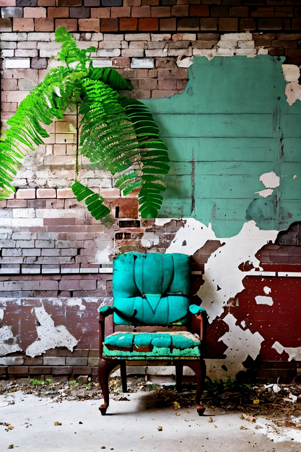 a blue chair sitting in front of a brick wall with a plant growing out of it's back, Claire Hummel, overgrown, a still life, neoplasticism , abandoned_style