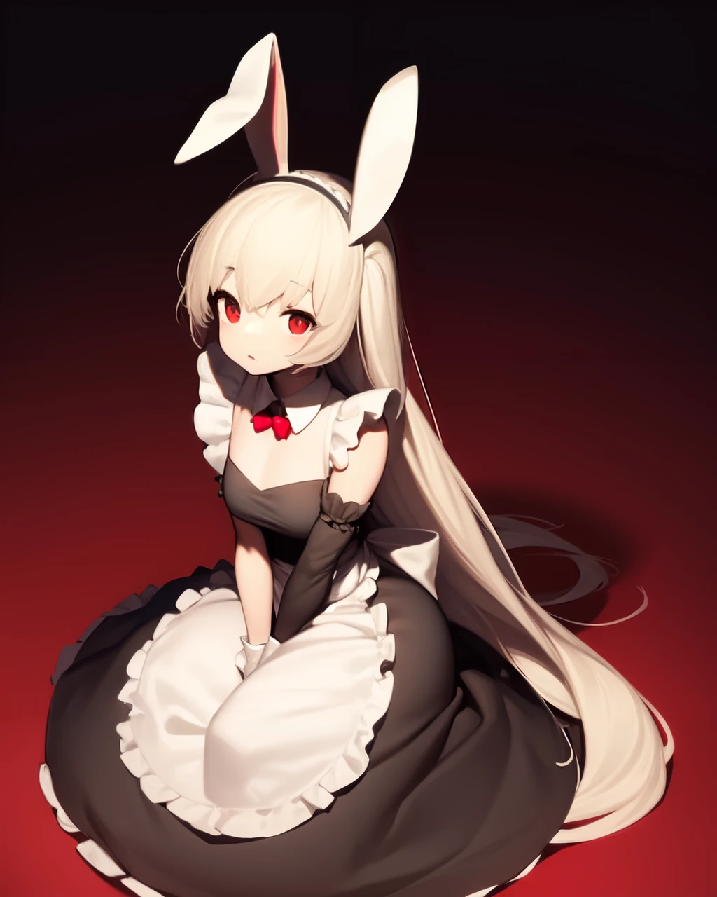 <lyco:shirokujira-NAI-LyCORIS:1>
1girl, solo, v_arms, bunny_ears, maid uniform, sleeveless, detached cuffs, red eyes