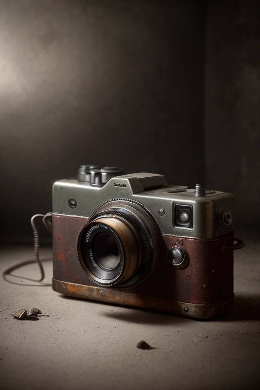 barnum-sepia product photo metal rusty (vintage movie  Leica photocamera|gramophone with tube) closeup, with photo lens cracked and greasy, realistic  (barnum-waxmuseum:1.1) concept
