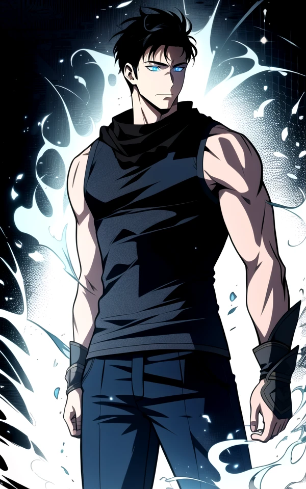 <lora:ManhwaUltima-000039:1>
(fantasy-style), 1boy, reiatsu, male focus, black hair, solo, blue eyes, black shirt, shirt, pants, sleeveless, torn clothes, scarf, closed mouth, short hair, gauntlets, tank top, muscular, standing, bare shoulders, sleeveless shirt, looking at viewer, ((aura)), smile, black tank top, profile, cowboy shot, armor,
main character, male focus,
(((masterpiece))), (highest quality), best quality, highres, (intricate details), 8K, extremely detailed, Digital Art, (Hyper-Detailed Background:1.2), (realistic background), (intricate details), award-winning, hyper-detailed, (illustration:1.1),