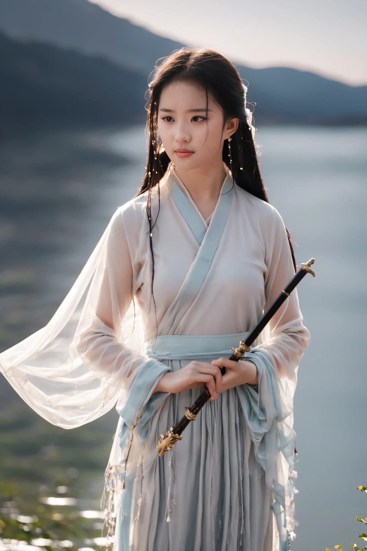 (photorealistic, raw photo:1.2),ultra high res,4K,Best quality,masterpiece,
Humanistic Photography,film photography,negative space,
blue hour,the gentle rain is falling,surrounded by the snow mountains and serene lake,(A graceful lady,wearing a light white veil hanfu and holding an exquisite sword,is standing on misty lake),Her long hair is swaying in the rain,and the hem of her dress is fluttering in the wind,blending seamlessly with the surrounding natural scenery,The color tone of the scene is mainly composed of blues and slate grays,creating a soft and elegant atmosphere,which gives a fresh and tranquil feeling,bringing peace and calmness to the mind.,upper body,
soft light,beautiful shadow,low key,in the dark,(slate gray atmosphere),
<lora:new_weijin_hanfu:0.5> ,<lora:LYF203:1>