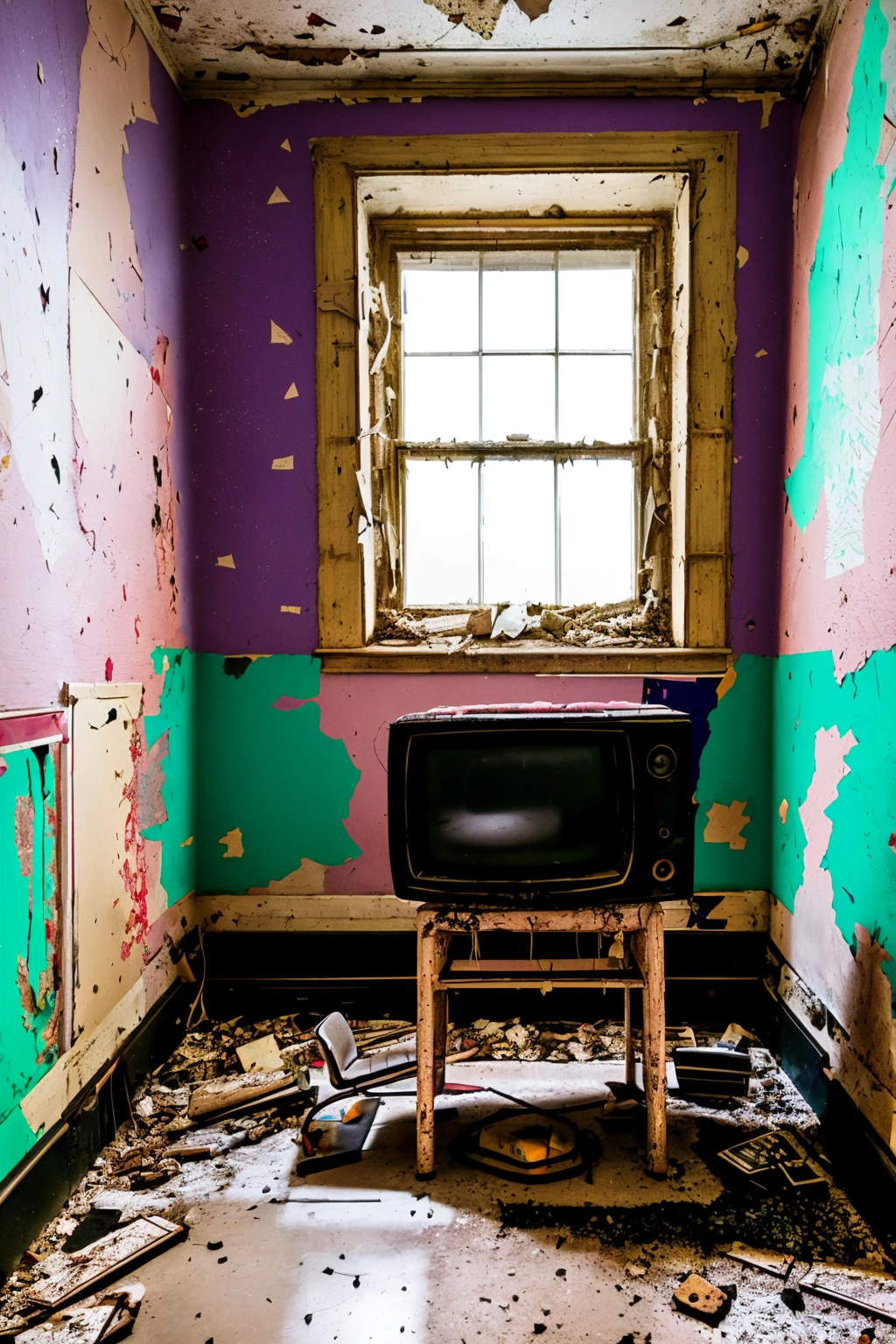 a room with a tv and two chairs in it and a broken window in the corner of the room, Elsa Bleda, decay, a colorized photo, postminimalism , abandoned_style