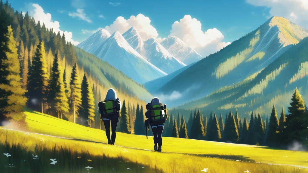 high quality, high resolution, extreme detail, masterpiece, great composition, 1girl, walking through a grassy plane, forest and mountains in the background, <lora:Alkaloid-LoRA:1>, alkaloid, <lora:zoomin:-4>