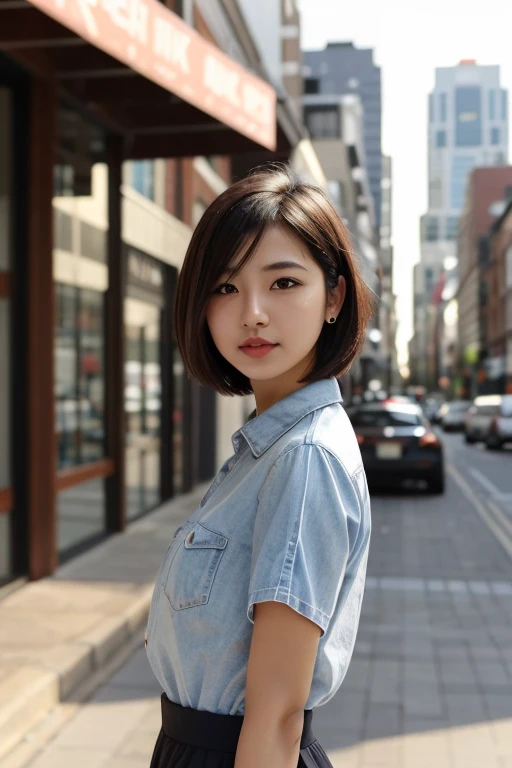 1girl, upper body, short hair,  cityscape,  blurry background,