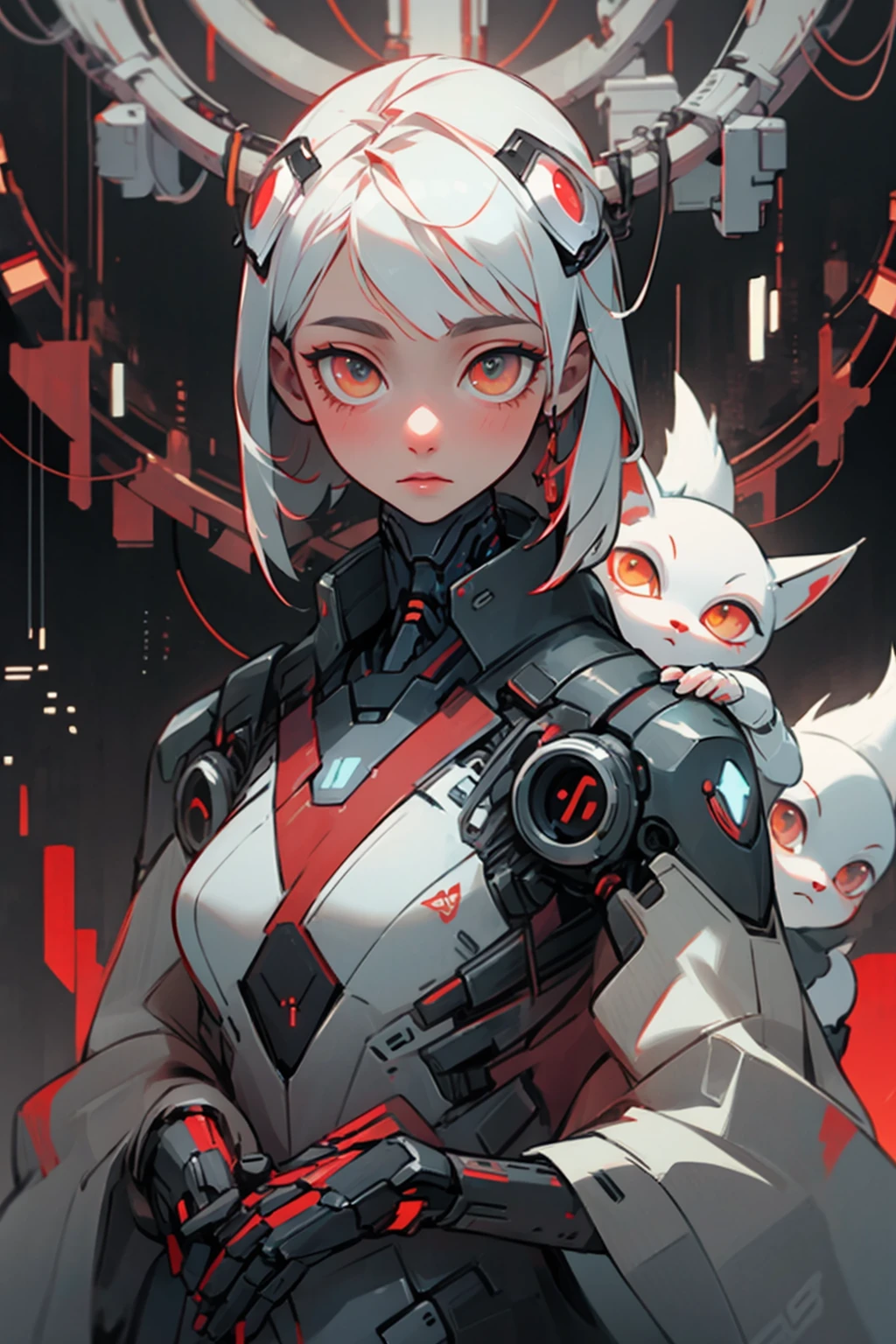 futubot, cyberpunk fox spirit surrounded by robot foxes, bold red and dark white colors <lora:Futuristicbotv.2:0.7>