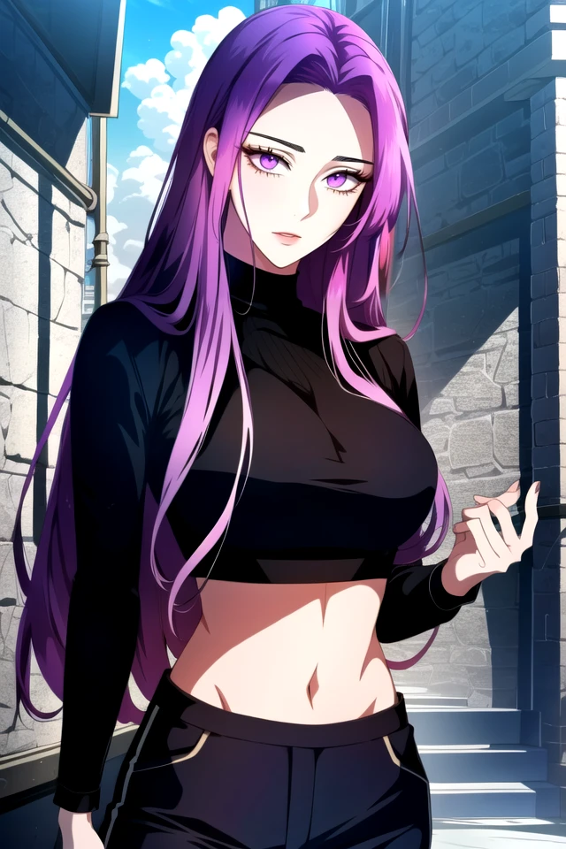 (fantasy-style), ((detailed hair, detailed eyelashes, bangs)),
manhwa-scenery, 1girl, black sweater, blue sky, blush, breasts, cloud, contrapposto, cowboy shot, crop top, day, fingernails, forehead, hand on own hip, large breasts, long hair, long sleeves, looking at viewer, midriff, navel, outdoors, pants, purple eyes, purple hair, ribbed sweater, sky, solo, sweater, turtleneck sweater, very long hair, medusa fate, ((perfect face)), (Mature Face:1.4), (beautiful face:1.15), detailed eyes, very deep eyes, messy hair, detailed finger,
(masterpiece), (highest quality), best quality, highres, 8K, extremely detailed, Digital Art, (Hyper-Detailed Background:1.2), (realistic background), (intricate details), award-winning, hyper-detailed, (illustration:1.1),
(cinematic lighting), soft lighting,