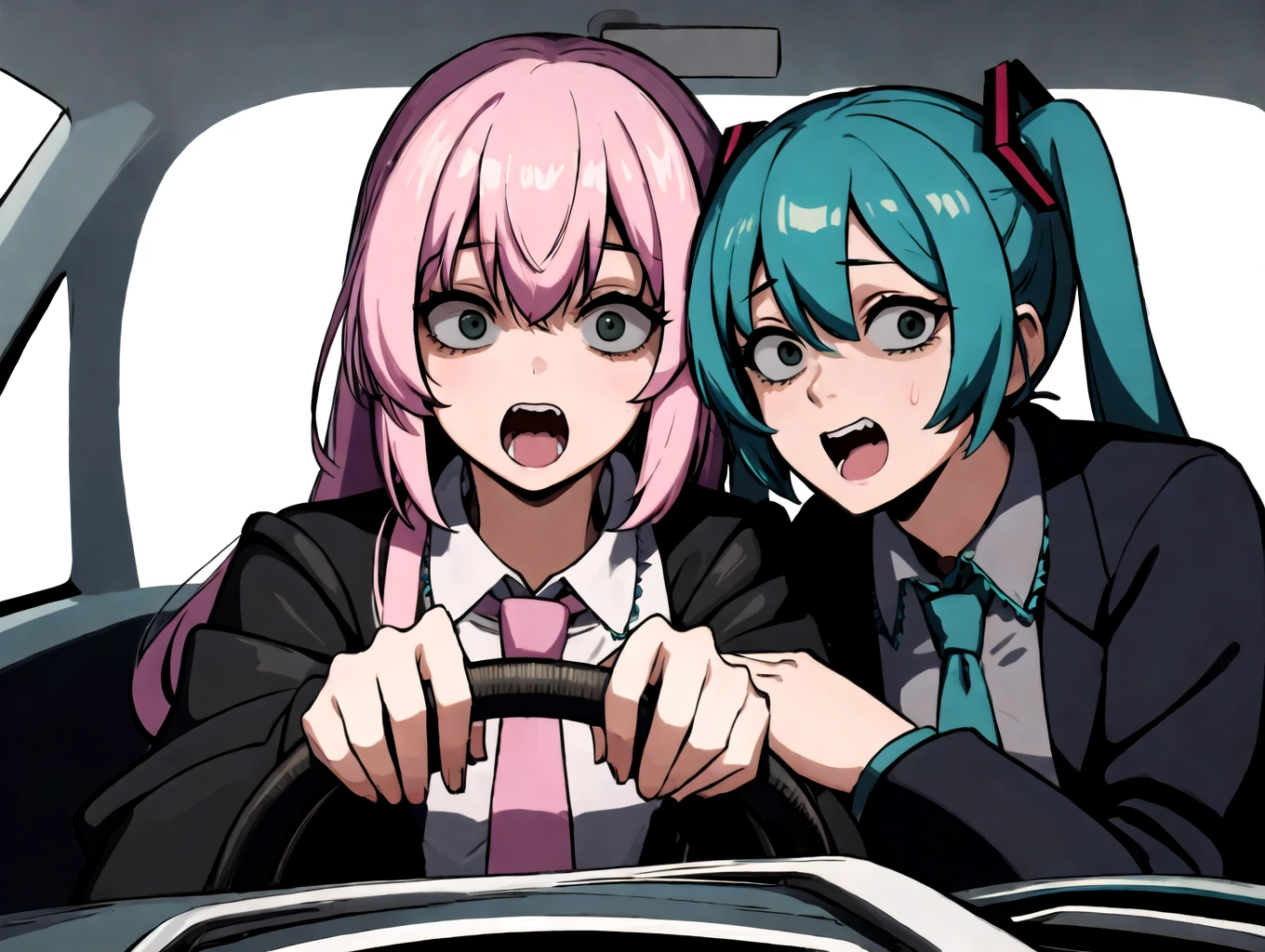 absurdres, highres, ultra detailed, power_crashes_kobeni's_car_(meme),
2girls, hatsune miku, megurine luka, steering wheel, driving, car interior, looking at viewer, scared, suit, jacket, necktie,
<lyco:envybetterhandsLocon_beta2:1.0>perfect hands, <lora:kobeni_car_meme_test_C3_prodigy5:1:1><lora:shaded_v10:0.6> <lora:eye-shihaku:1>