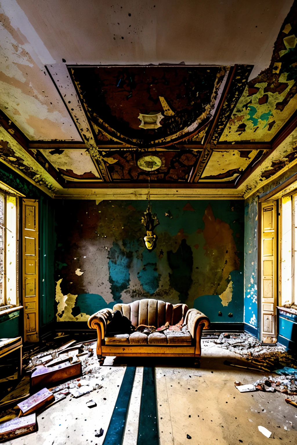 a room with a couch and a bunch of debris on the floor and walls and a ceiling with a painting, Andrea Pozzo, decay, a flemish Baroque, neoclassicism , abandoned_style
