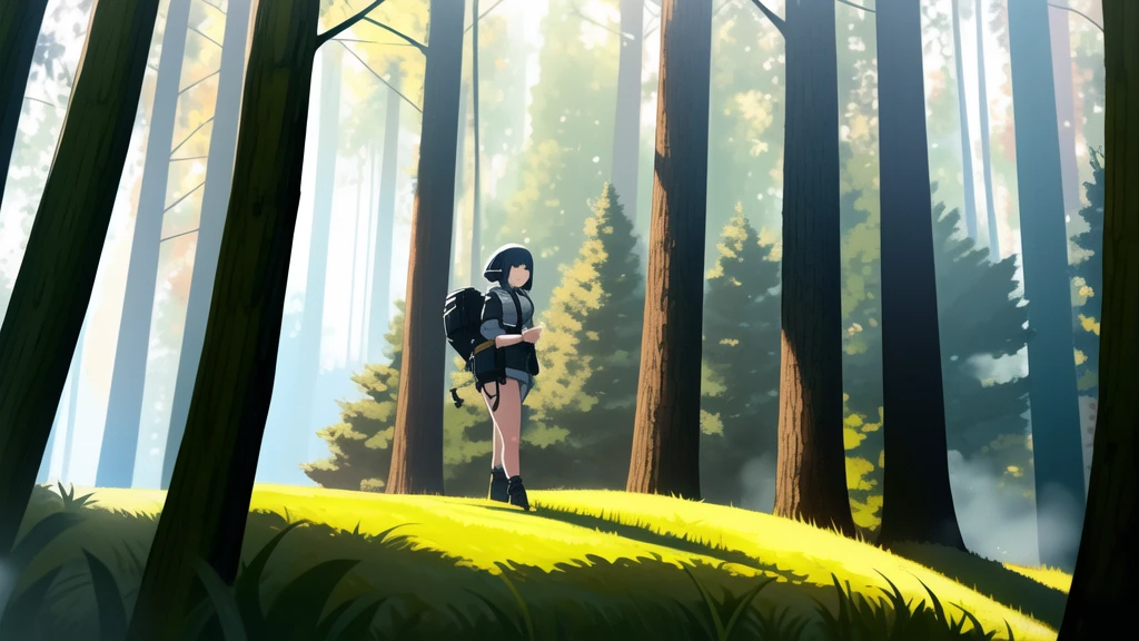 high quality, high resolution, extreme detail, masterpiece, great composition, 1girl, walking through a grassy plane, forest and mountains in the background, <lora:Alkaloid-LoRA:1>, alkaloid,  <lora:zoomin:-4>