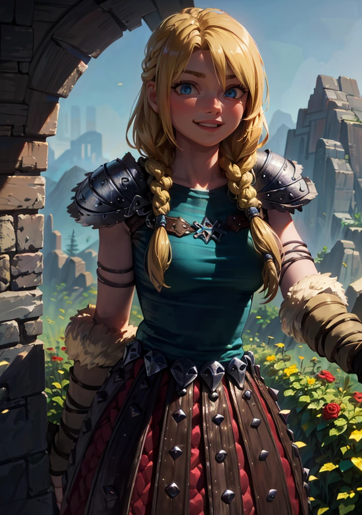 Astrid walking in a field of roses around mountains, (long hair, blonde, blue eyes, armor, braid:1.2), warm light, curvy, smile, :D, from below, (dynamic_angle), (dynamic_pose:1.2),
(detailed landscape:1.2), (dynamic_perspective:1.2),
(masterpiece:1.2), (best quality, highest quality), (ultra detailed), (8k, 4k, intricate), (cowboy shot:1), (highly detailed:1.2),(detailed face:1),(gradients),(ambient light:1.3),(cinematic composition:1),(HDR:1),(perfect_anatomy:1.2),
<lora:Astrid_Character:1>