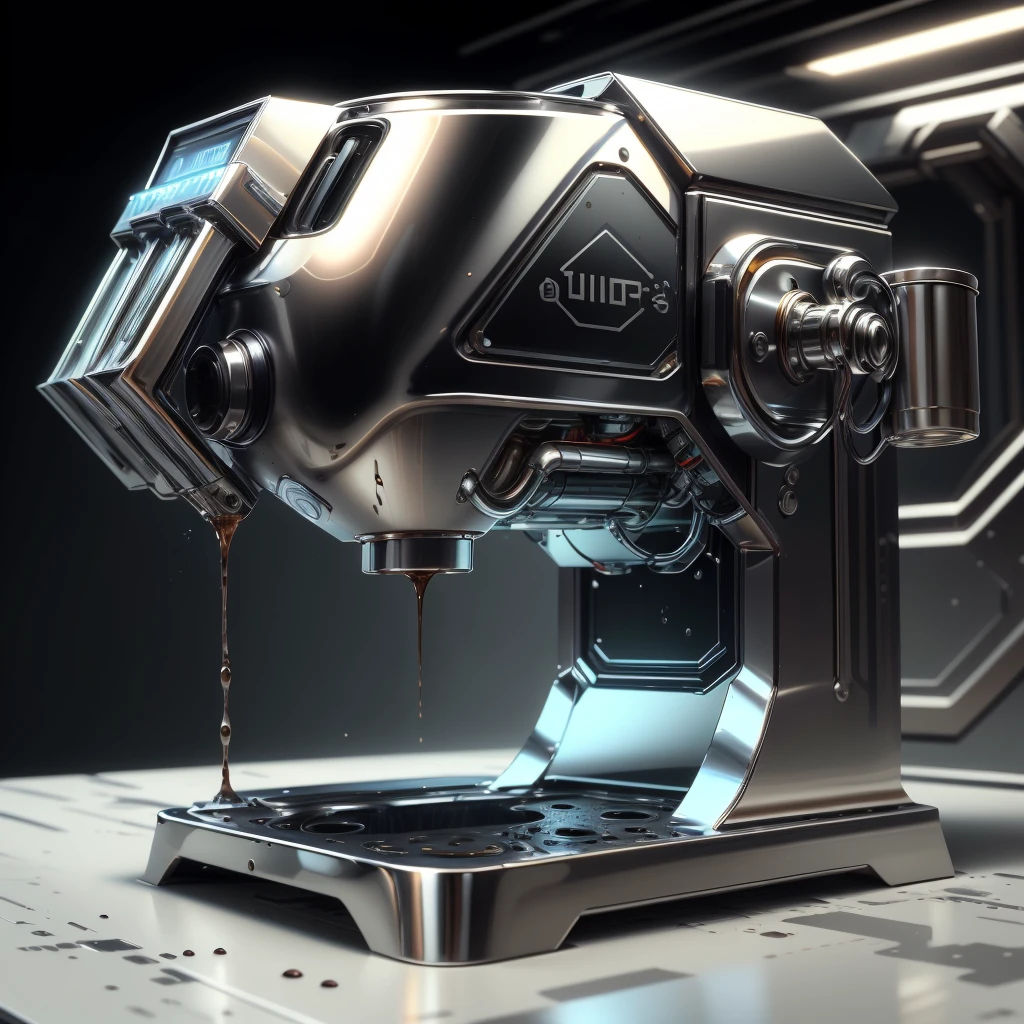 <lora:ChromeTech-21:0.8>,chrometech , scifi, metallic , chrome,
coffee machine , mug,