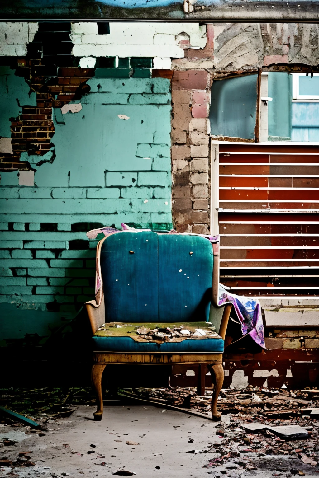 a blue chair sitting in front of a brick wall with a plant growing out of it's back, Claire Hummel, overgrown, a still life, neoplasticism , abandoned_style