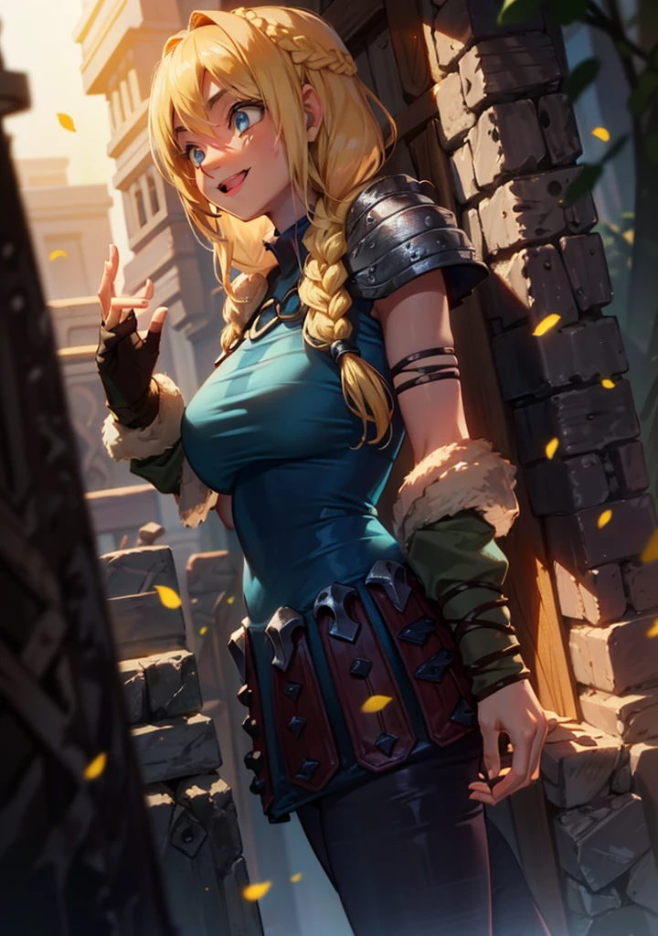 Astrid on a battlefield posing sexy, (long hair, blonde, blue eyes, armor, braid:1.2), warm light, curvy, smile, :D, from below, (dynamic_angle), (dynamic_pose:1.2),
(detailed landscape:1.2), (dynamic_perspective:1.2),
(masterpiece:1.2), (best quality, highest quality), (ultra detailed), (8k, 4k, intricate), (full body:1), (highly detailed:1.2),(detailed face:1), (ambient light:1),(cinematic composition),(HDR:1),(perfect_anatomy:1.2),
<lora:Astrid_Character:1>