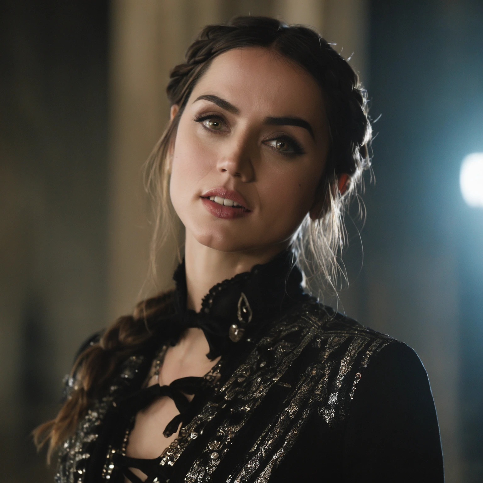 closeup of (ohwx woman) wearing gothic clothes, braided pigtails, in a castle, sharp focus, looking at the camera, makeup, cinematic look, <lora:ana_lora_sdxl_v3-000008:1>, night time, Mystical atmosphere