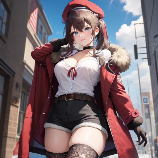 (masterpiece:1.2),best quality,high resolution,unity 8k wallpaper,(illustration:0.8),(beautiful detailed eyes:1.6),extremely detailed face,extremely detailed CG,intricate details,high detailed,ultra-detailed,city,cute,long_hair,breasts,blush,smile,bangs,large_breasts,brown_hair,shirt,thighhighs,gloves,long_sleeves,hat,ribbon,cleavage,hair_between_eyes,very_long_hair,green_eyes,collarbone,jacket,white_shirt,sidelocks,cowboy_shot,open_clothes,shorts,choker,black_gloves,collared_shirt,belt,black_thighhighs,side_ponytail,open_jacket,red_ribbon,coat,fur_trim,short_shorts,red_beret,black_choker,black_shorts,red_headwear,red_jacket,black_belt,shirt_tucked_in,notice_lines,fur-trimmed_jacket,red_coat,<lora:female_commander2:0.4>,