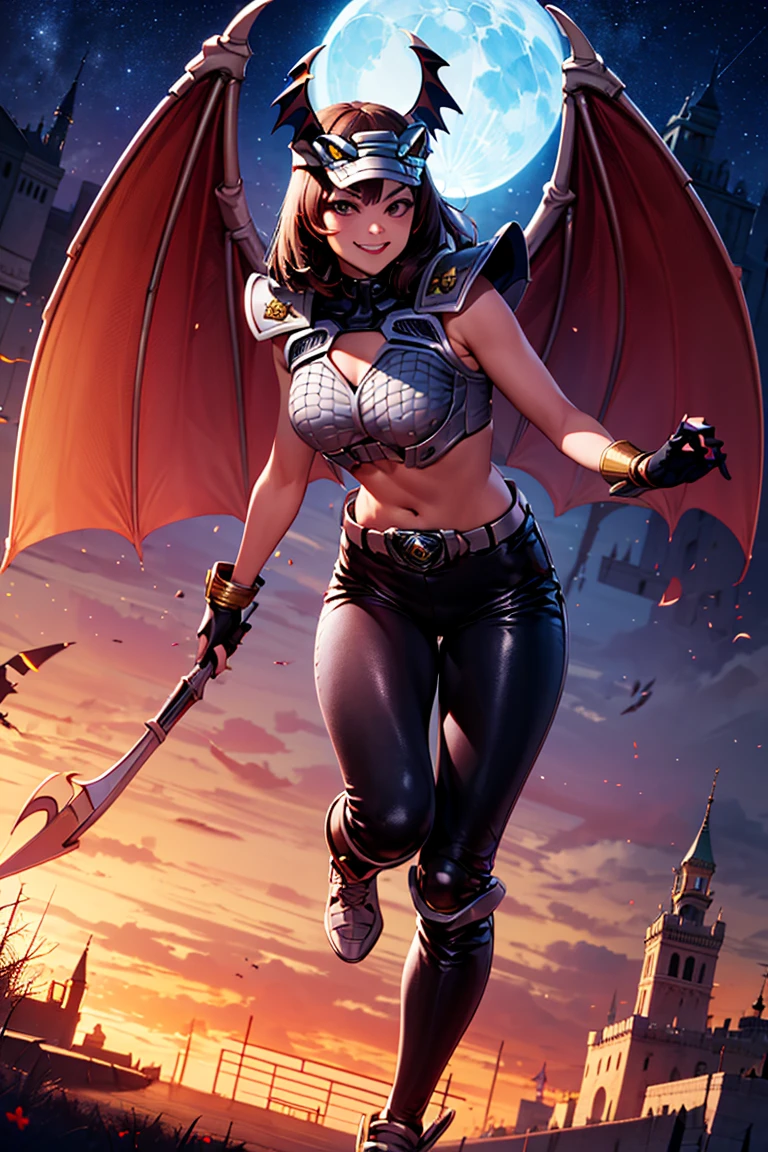 ((masterpiece,best quality)), absurdres,
<lora:Vypra_Power_Rangers:0.7>, Vypra_Power_Rangers, hat, wings,  black pants, 
solo, smug, smiling, looking at viewer, upper body,
night sky and castle in background, cinematic composition, dynamic pose,