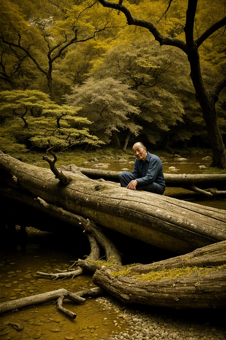 barnum-sepia, surreal, dreamy, zen dry garden by river, 1 happy Chinese old man Sun Li Doe thin smiling sitting on fallen tree trunk, rusty