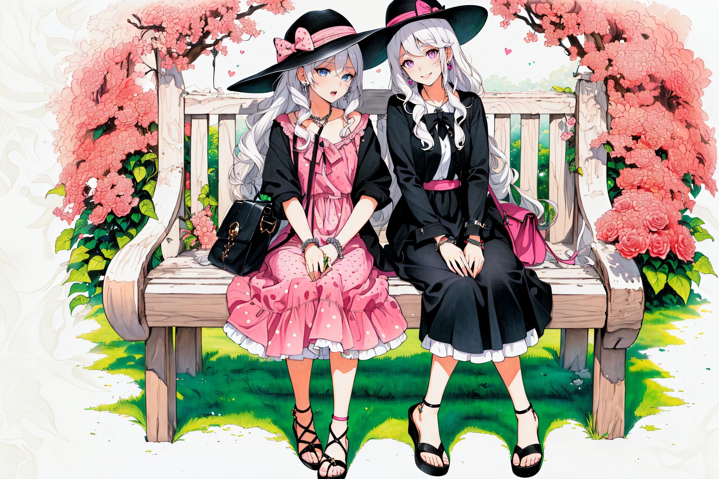 (Masterpiece, Best Quality:1.3), highres, 8k, highly detailed, 2d, (faux traditional media:1.3), manga, illustration, fantasy, sugar_rune, pink eyes, shirt, bag, polka dot, dog, beads, heart (symbol), hat, summer dress, smile, pink bow, purple eyes, pink theme, earrings, hair bow, curls, 2girls, white background, bracelet, jacket, fashion, pink rose, skirt, handbag, chain, wedge heels, very long hair, jewelry, skull, full body, summer hat, white hair, (Depth of field), perfect composition, film grain