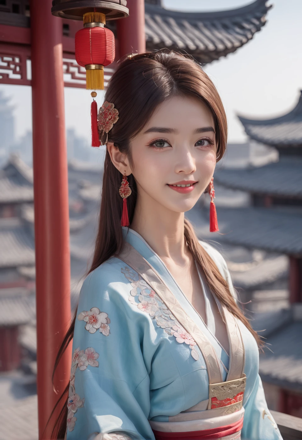 best quality, masterpiece, highres, 1girl,china dress,Beautiful face,
hair ornament, solo,looking at viewer,smile,closed mouth,lips,
china dress,dress,hair ornament, necklace, jewelry, long hair, earrings, chinese clothes,
architecture,east asian architecture,building,outdoors,rooftop,city,cityscape