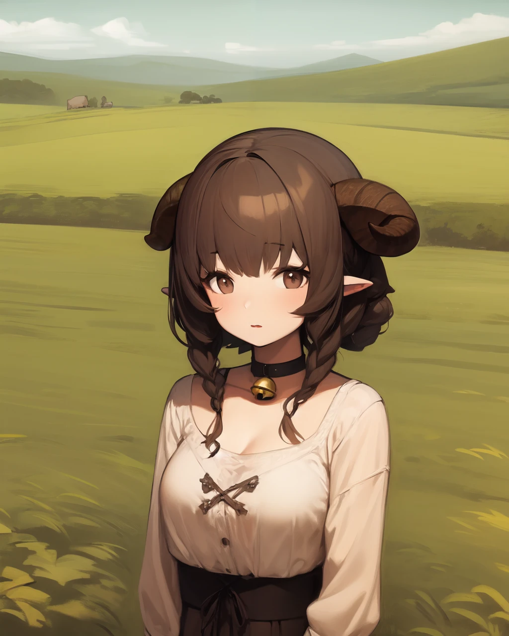 <lyco:shirokujira-NAI-LyCORIS:1>
a sheep_horns girl wearing a bell_choker, upper body, outdoors, farm background