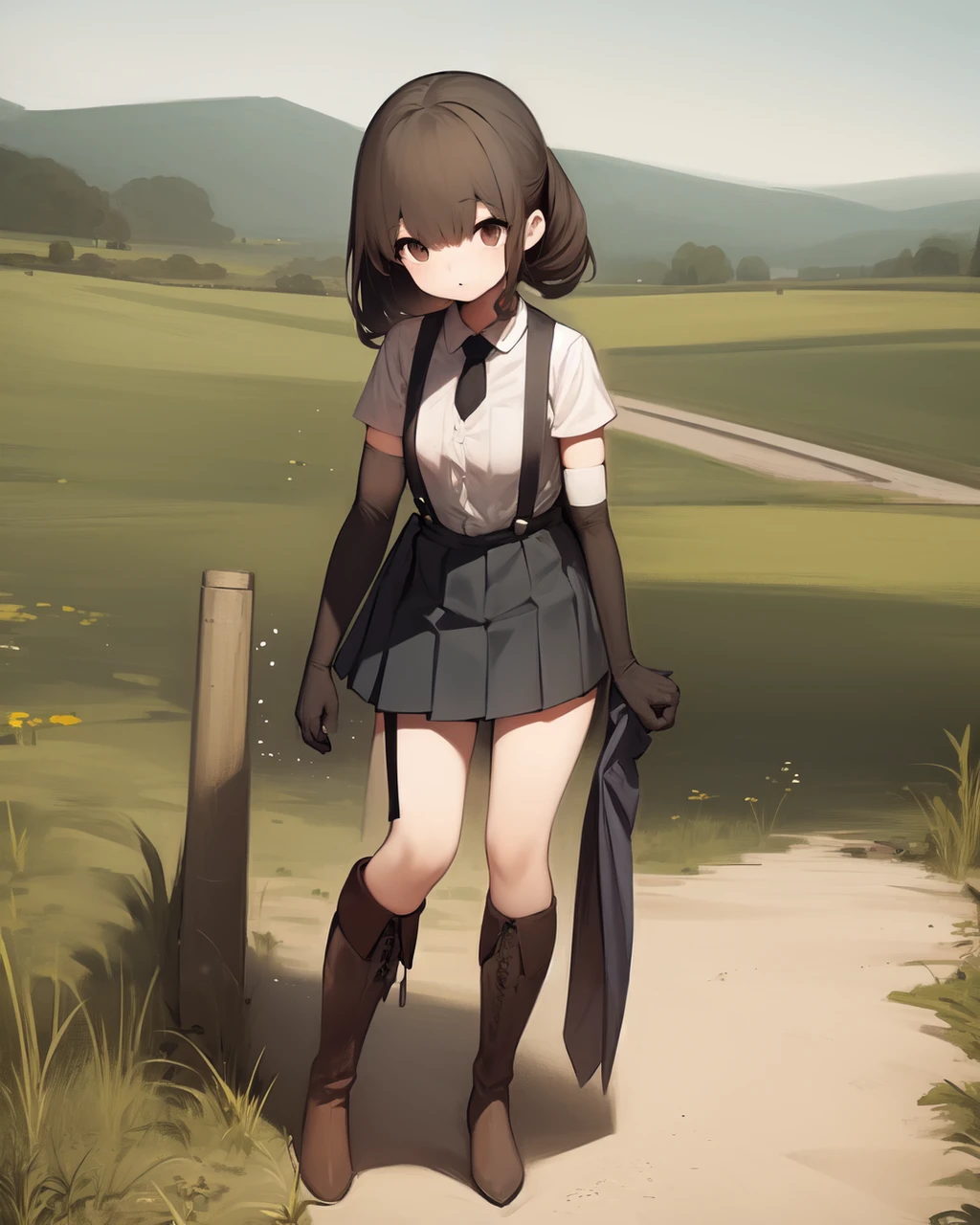 <lyco:shirokujira-NAI-LyCORIS:1>
an adventurer girl outdoors, 1girl, solo, (white sleeveless shirt:1.0)(red necktie:1.0)(black (knee_boots, elbow gloves, waistcoat, pleated_skirt, suspenders))