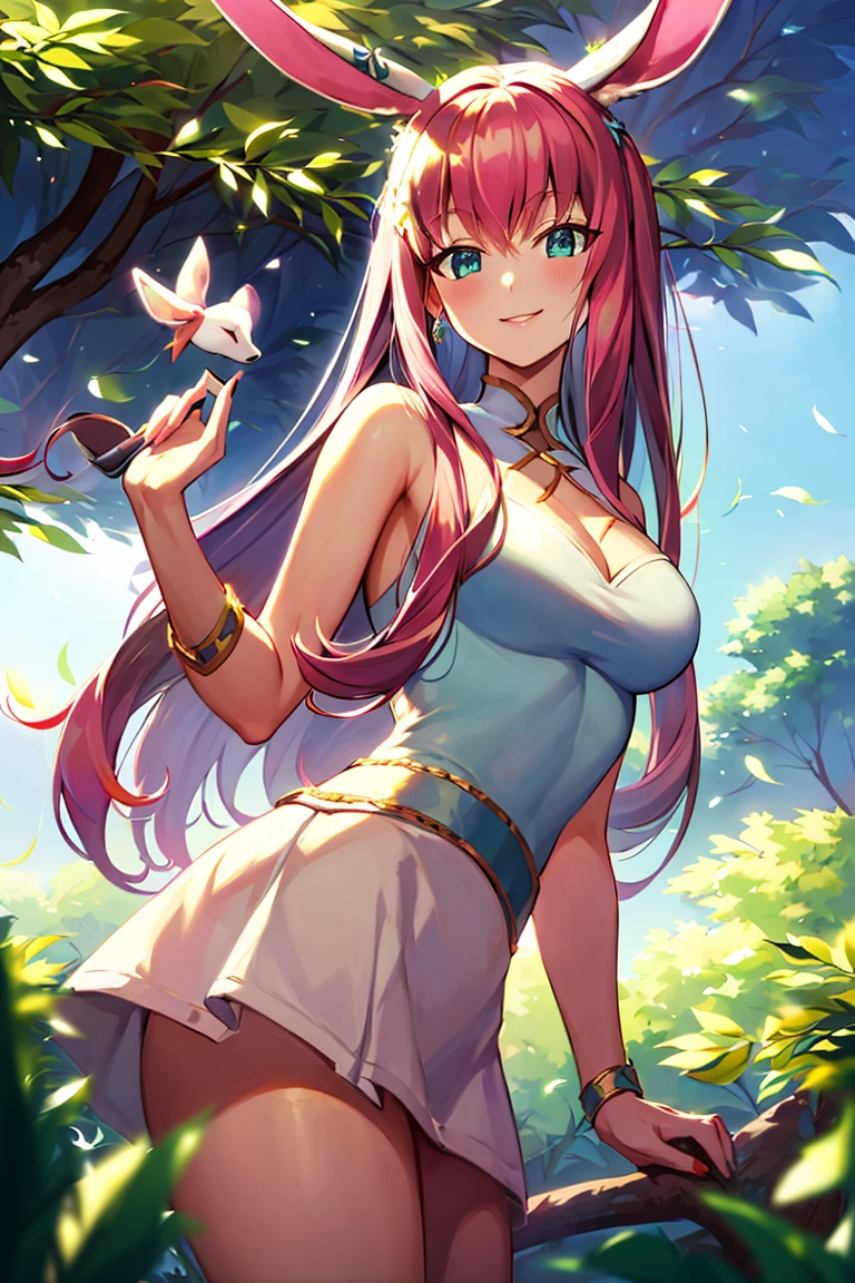 ((masterpiece,best quality)), absurdres,
<lora:Lyca_AFK:1>, Lyca_AFK, white mini skirt,
solo, smiling, looking at viewer, cowboy shot,
forest in background, cinematic composition, dynamic pose,