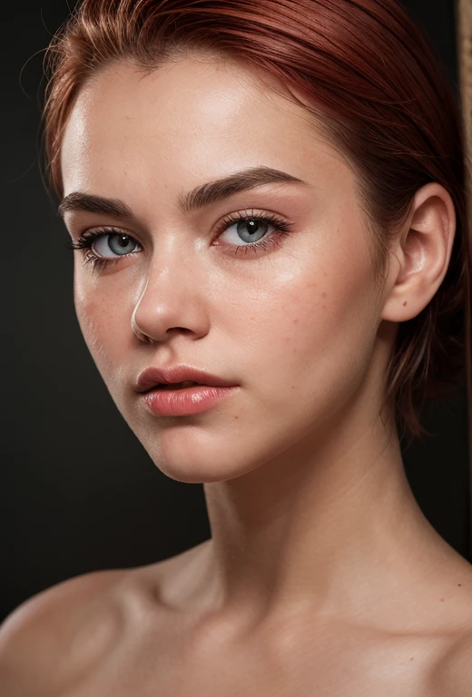 RAW photo, 50 mm, color graded portra 400 film, cinematic colorgrading, frontal full-body shot from high angle,portrait of a beautiful blonde woman wearing a red shirt, (red slick undercut hair:1.1), she is wearing an (old t-shirt:1.1) and cropped pants, focus on eyes, perfect (grey:0.01) eyes, mascara,highly detailed skin, skin blemish, (textured skin, skin pores:1.2), oiled shiny skin:0.6), (moles:0.8), (imperfect skin:1.1), intricate details, goosebumps, (light freckles:0.3), remarkable detailed pupils, realistic dull skin noise, visible skin detail, skin fuzz, dry skin, (blush:0.5), (goosebumps:0.5), subsurface scattering, 8k, uhd, ultra high quality, dslr, soft lighting, film grain, dark, muted colors, chiaroscuro, dim atmosphere, <lora:polyhedron_new_skin_v1.1:0.25>, <lora:polyhedron_all_eyes:0.25> <lora:LowRA:0.15>