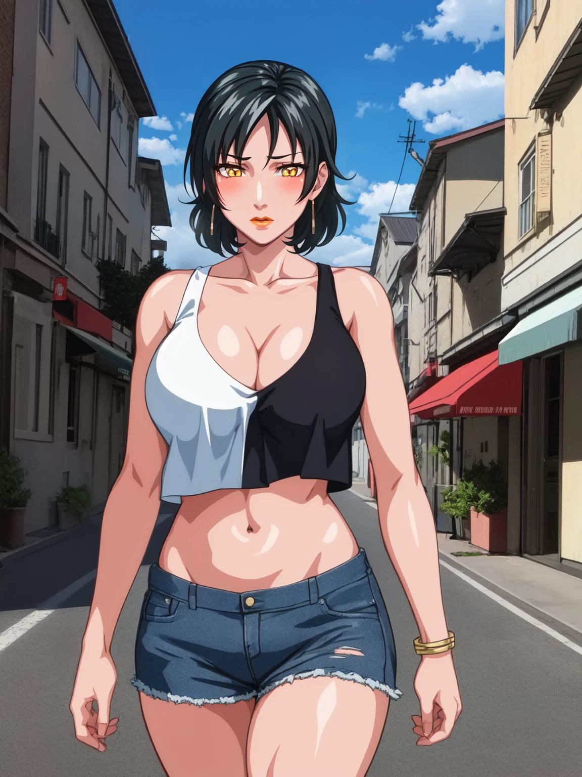 (highres, best quality:1.3), intricate details, vibrant image, colorful, volumentric lighting, bibleblack,
YukikoMinase, 1girl, solo, walking, posing, looking at viewer, street background, sky,
blush, shy, [black hair:green hair:22], short hair, lipstick, eyelashes, yellow eyes, detailed eyes, perfect face, jewelry,
(two-tone:1.2), (multicolored clothes:1.1), tank top, denim shorts, short shorts, (open fly:1.1),
curvy, midriff, navel, large breasts, (cleavage:1.1),
<lora:YukikoMinase:1> <lora:bb-style:0.3>