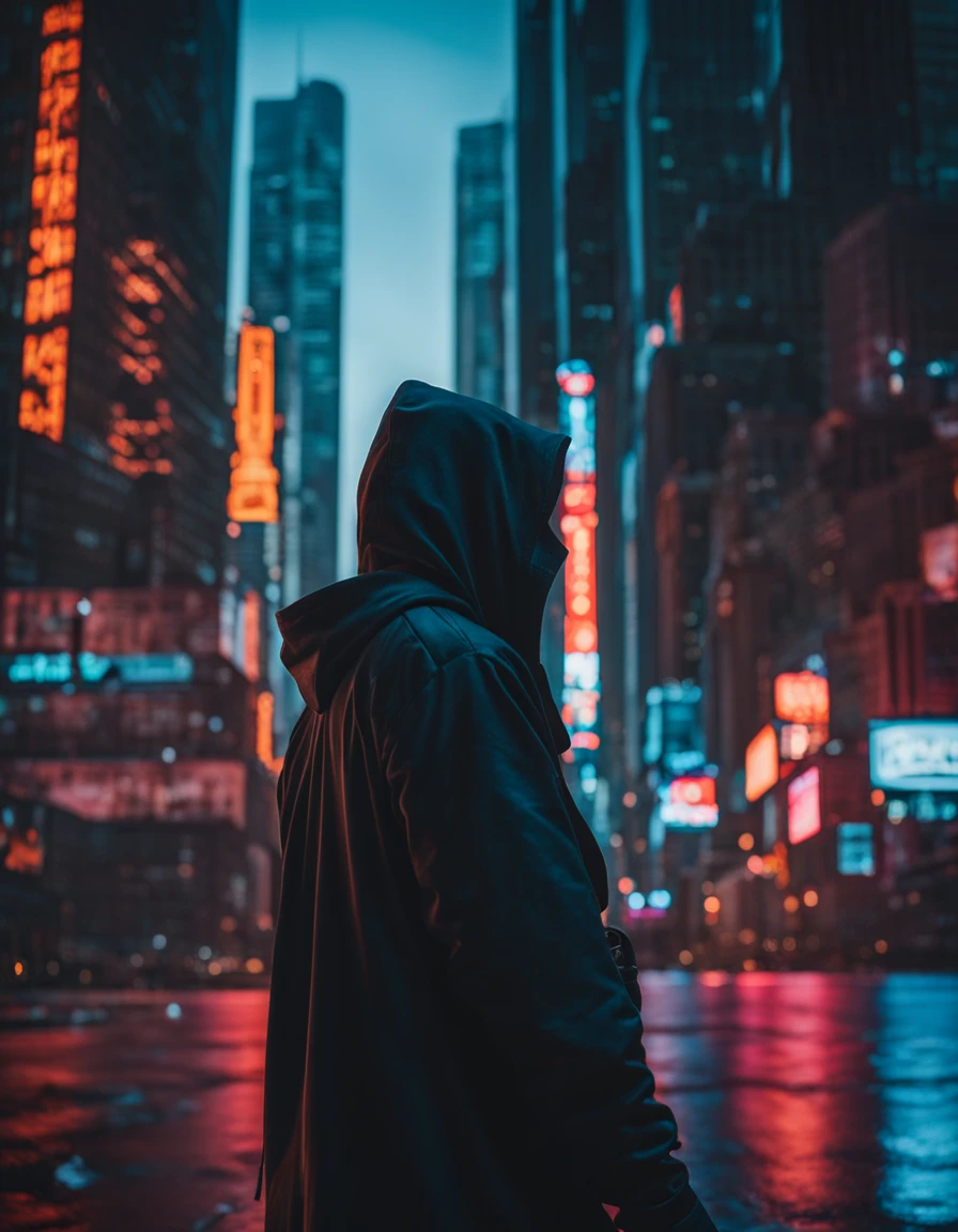 "cinematic still, medium shot on ARRI Alexa 35, a lone hooded figure using chaos magic, low-key color grading, hyper-realistic pop, cyberpunk, Chicago 2087