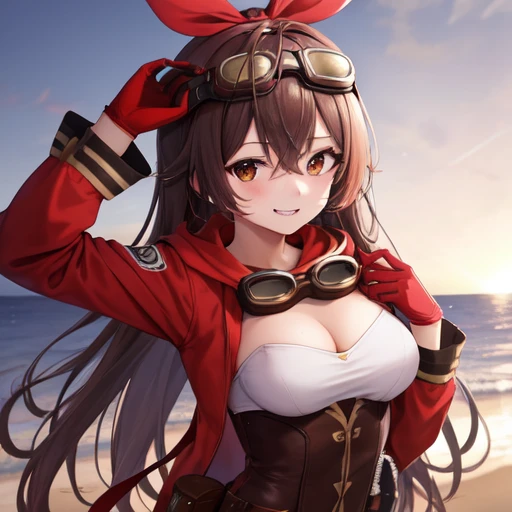 (masterpiece, best quality:1.2),1girl,beautiful purple sunset at beach,upper body,long_hair,breasts,smile,bangs,brown_hair,thighhighs,gloves,long_sleeves,ribbon,cleavage,hair_between_eyes,medium_breasts,jacket,hair_ribbon,thighs,shorts,belt,red_ribbon,orange_eyes,short_shorts,goggles,red_jacket,red_gloves,goggles_on_head,pouch,crossed_bangs,shrug_(clothing),red_thighhighs,brown_shorts,<lora:amber:0.6>,