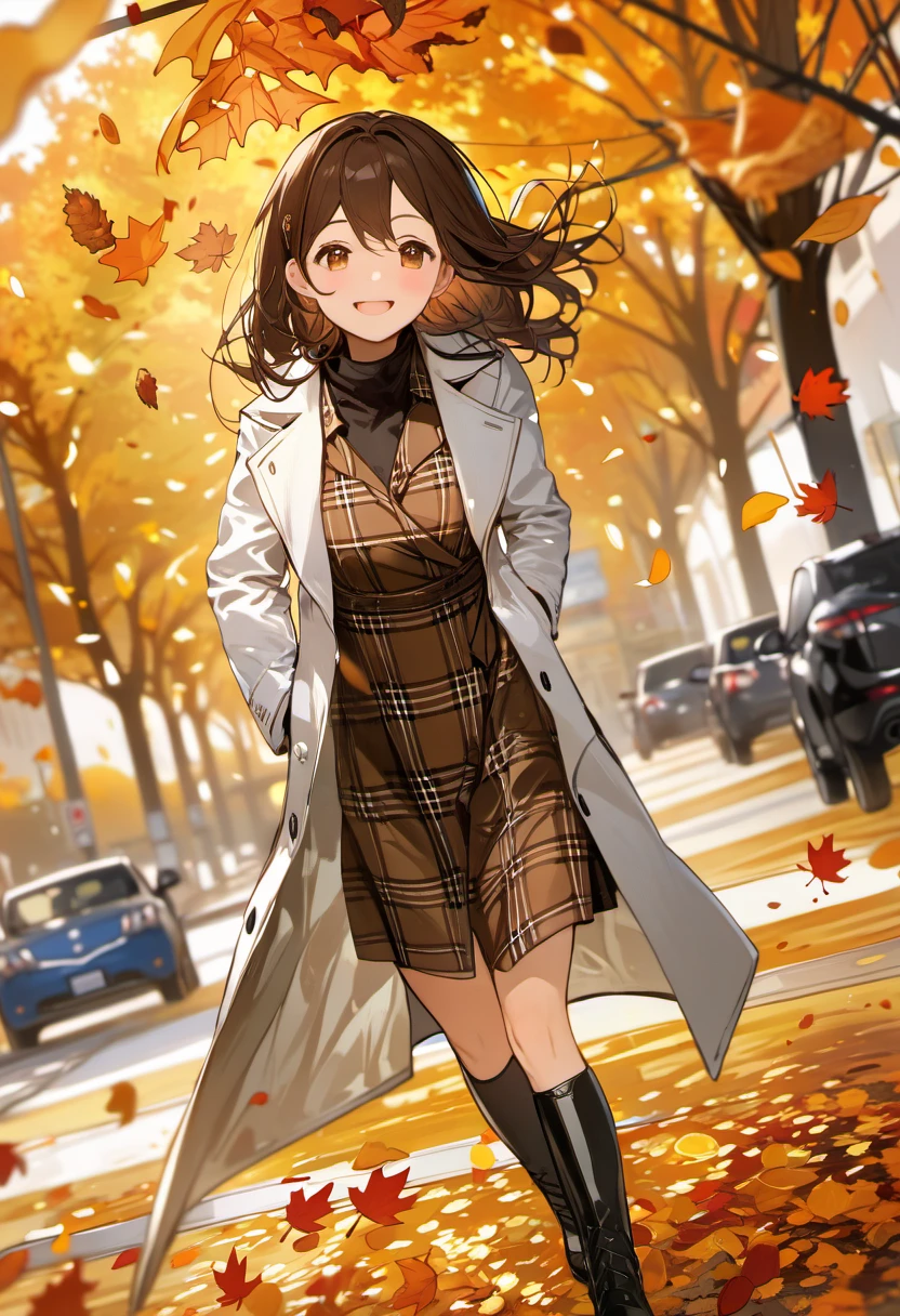 face focus, dynamic angle, masterpiece, best quality, solo, 1girl, looking at viewer, solo, brown hair, outdoors, brown eyes, falling autumn leaves, plaid brown dress, medium hair, black boots, white coat, pixiv, depth of field, smile