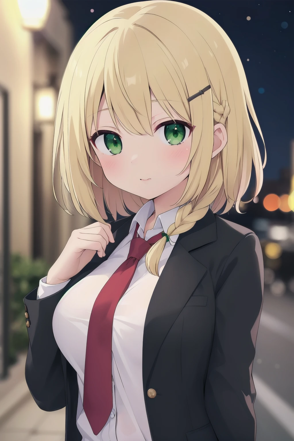 masterpiece, best quality, cute, kawaii,
medium hair, wavy hair, blonde hair, green eyes, swept bangs, shirt, large breasts, button gap, braid, suit jacket, hairpin, necktie,
depth of field, street, bokeh, night, portrait,