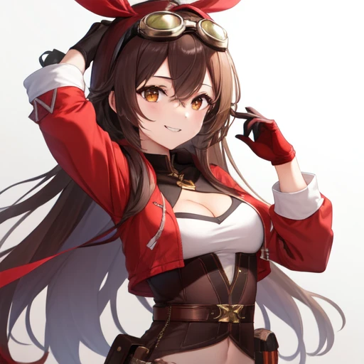 (masterpiece, best quality:1.2),1girl,upper body,long_hair,breasts,smile,bangs,brown_hair,thighhighs,gloves,long_sleeves,ribbon,cleavage,hair_between_eyes,medium_breasts,jacket,hair_ribbon,thighs,shorts,belt,red_ribbon,orange_eyes,short_shorts,goggles,red_jacket,red_gloves,goggles_on_head,pouch,crossed_bangs,shrug_(clothing),red_thighhighs,brown_shorts, <lora:amber:0.6>