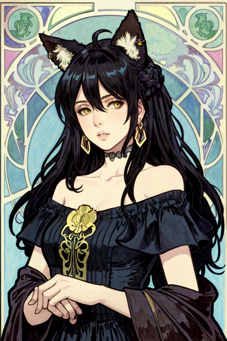 masterpiece, best quality, painting \, (medium\), parted lips, art nouveau, art by alphonse mucha EasyVictorianFoxGirl