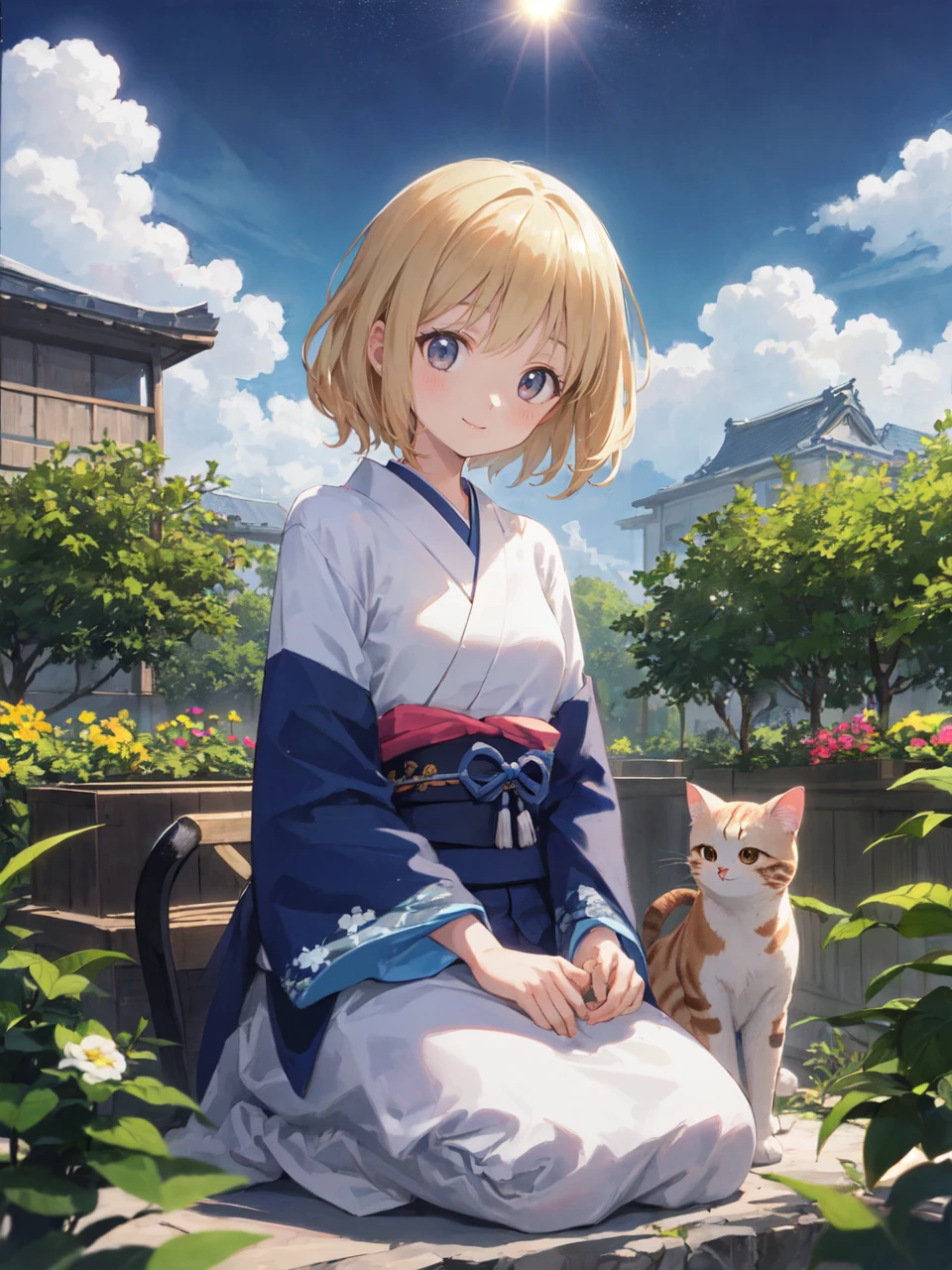 1 girl, best quality, amazing intricate, round eyes, happy, smile, medium breast, 
, Detailed Groovy Japanese Bobtail cat, Cosmic microwave background background, [flowers|water], Sun in the sky, Cel shaded, telephoto lens, Cinestill, masterpiece