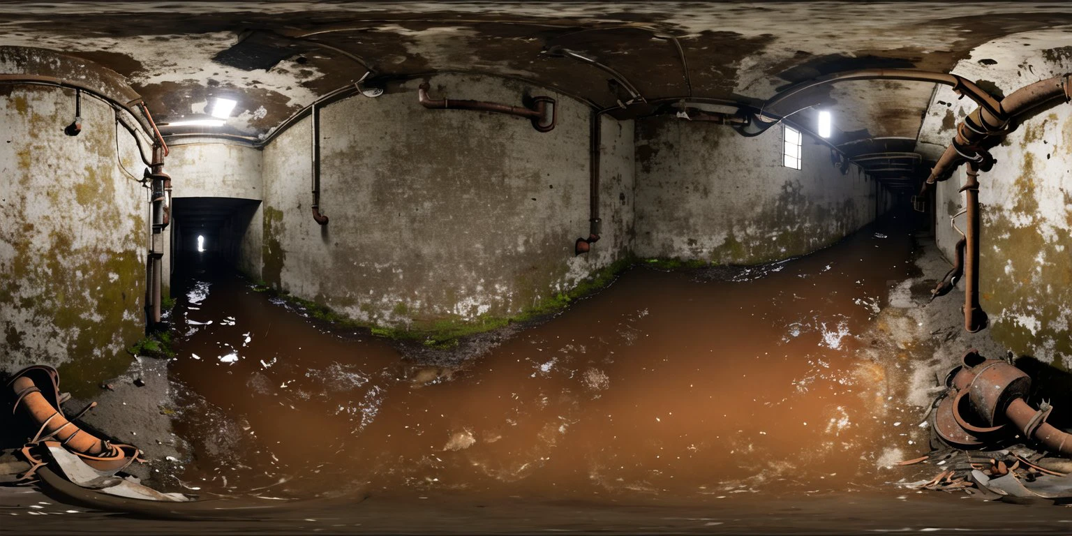 <lora:360:1>, panorama,
Sewer System: The camera shows the underground sewer system, with murky water and rusted pipes. The only light comes from the occasional flickering bulb, and strange movements and sounds can be seen and heard in the darkness.