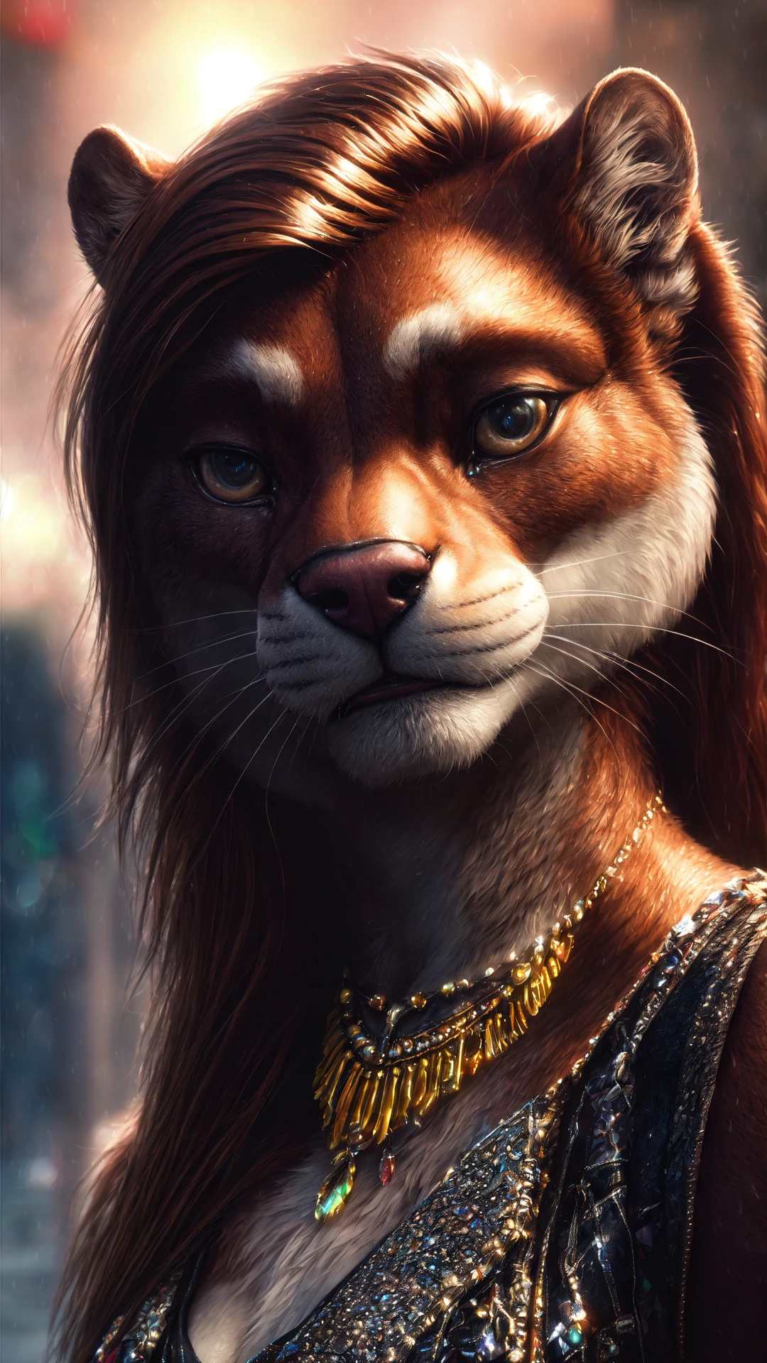 High detail, film, cinematic, realistic, masterpiece, sexy girl, cyberpunk town, neon, downpour, rain, otter furry, jewels, long detailed hair, (luxury clothes), (solo), face closeup, brown fur, (photorealistic:1.4), high detail, realistic, cgi, photorealistic, high detail, realistic, masterpiece, absurdres, best quality, HDR, high quality, high-definition, extremely detailed, 8k wallpaper, intricate details, 8K uhd, Full-HD, (realistic photo:1.4), contrast, global illumination, ambient occlusion, depth of field, Field of View, lens flare, bloom, stunning environment