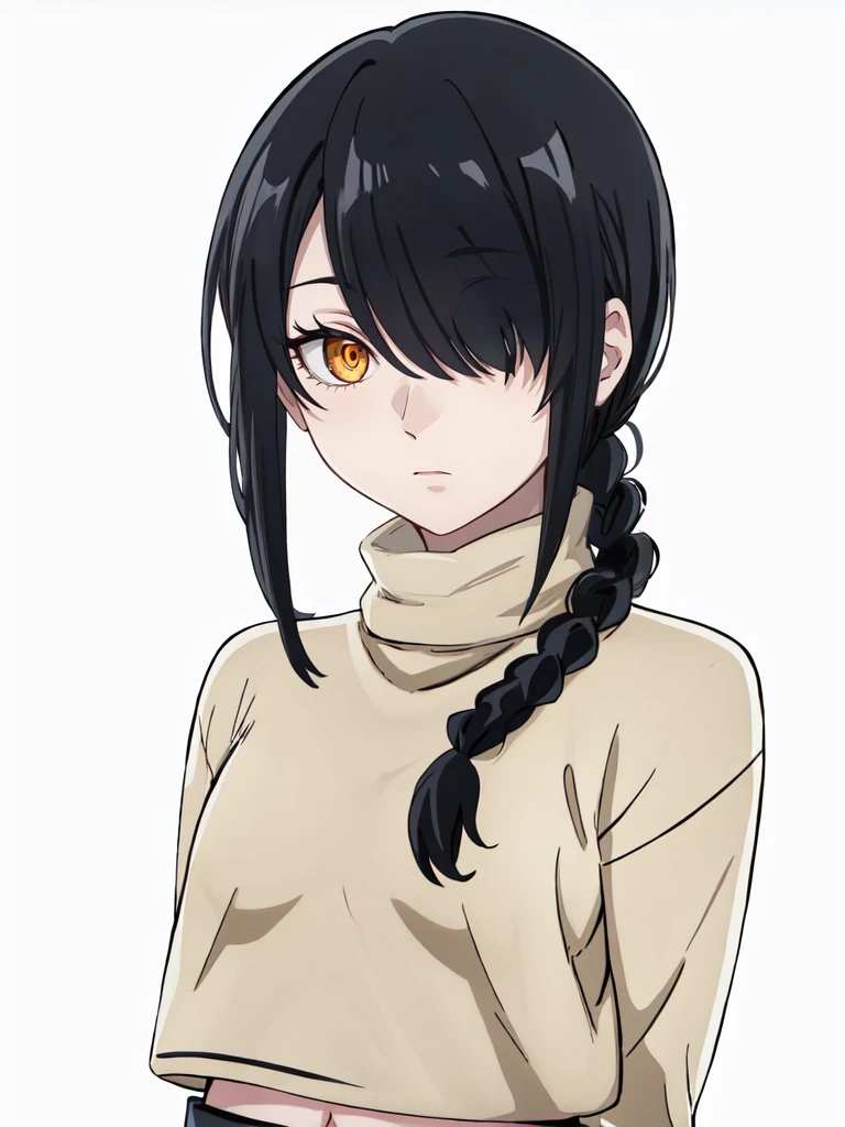 1girl, nayuta, solo, (hair over one eye), ringed eyes, orange eyes, black hair, single braid, navel, turtleneck sweater, expressionless, <lora:nayuta-ALK:0.8>, simple background, upper body, arms behind back, looking at viewer