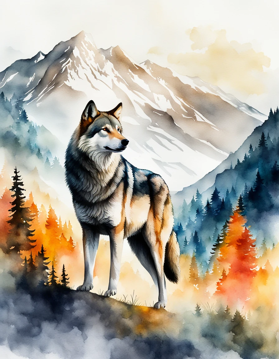 Double exposure of a wolf and a mountain, natural scenery, watercolor
