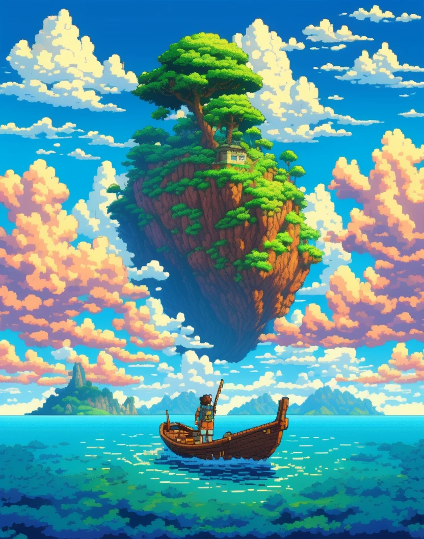 (masterpiece, best quality), mysterious,16 bit pixel art, epic composition of a explorer in a boat reaching an island in the clouds, by studio ghibli, cinematic still, hdr