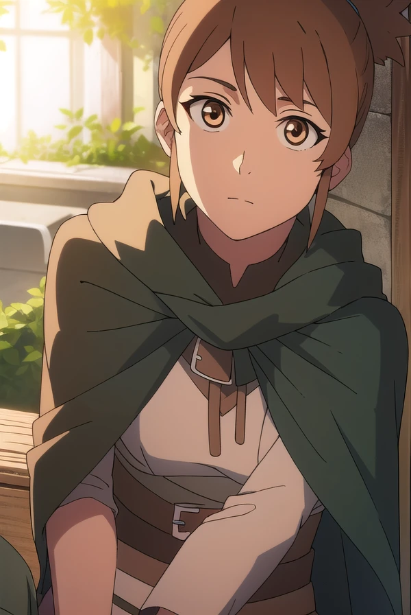 dotamarci, <lora:marcitest:1>,
marci, bangs, brown hair, (brown eyes:1.5), ponytail, short ponytail,
BREAK belt, cape, armor, cloak, pouch, brown belt, belt pouch,
BREAK looking at viewer,
BREAK outdoors,
BREAK <lora:GoodHands-vanilla:1>, (masterpiece:1.2), best quality, high resolution, unity 8k wallpaper, (illustration:0.8), (beautiful detailed eyes:1.6), extremely detailed face, perfect lighting, extremely detailed CG, (perfect hands, perfect anatomy),