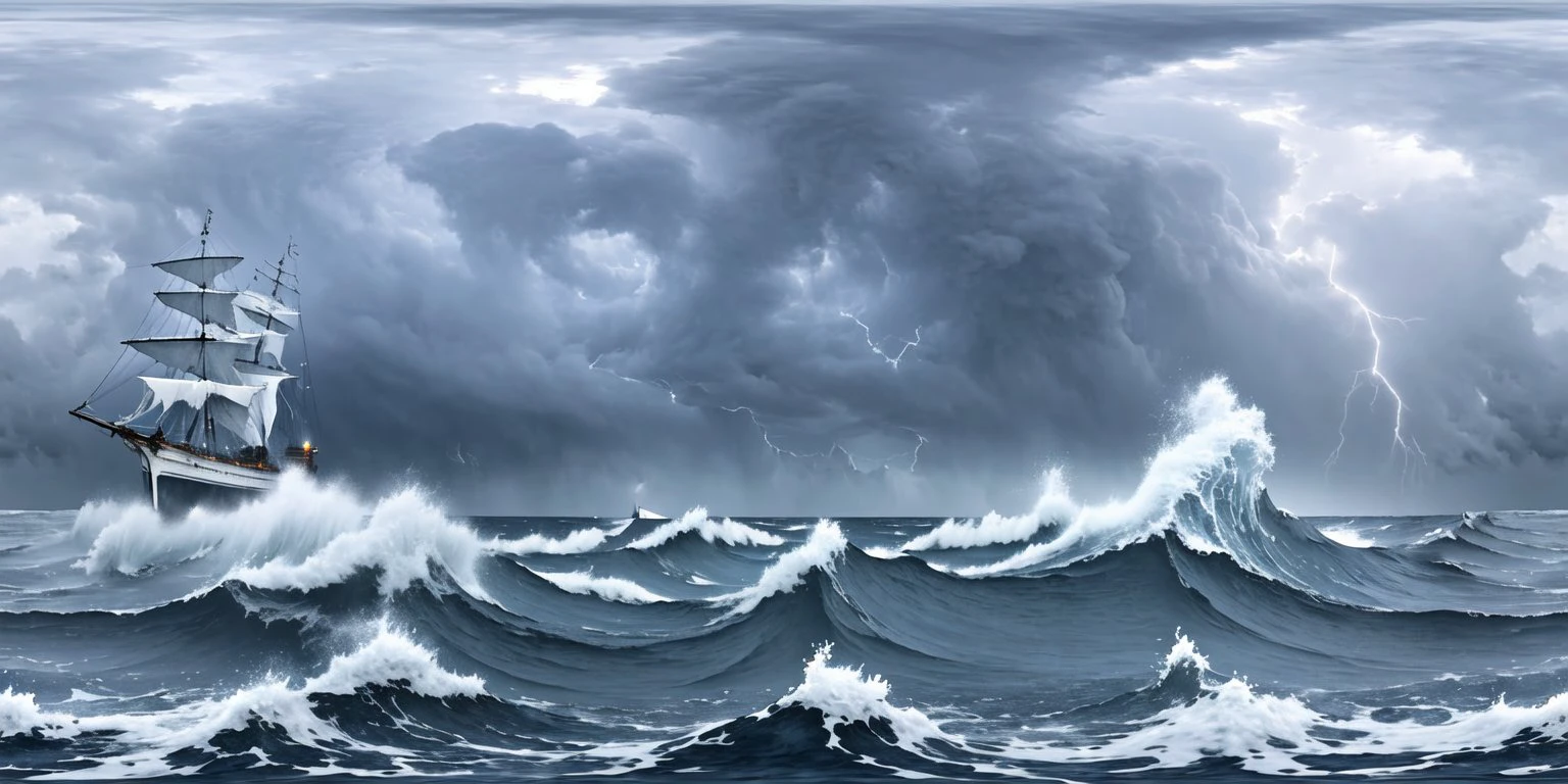 <lora:360:1>, panorama, 360,
A realistic depiction of a "Storm at Sea with Ghostly Apparitions": This artwork captures a tumultuous sea during a fierce storm, where towering waves crash against a ghostly, ancient-looking ship. The dark, ominous clouds dominate the sky, with flashes of lightning illuminating the turbulent waters. Transparent, ethereal figures of human ghosts wander atop the choppy waves, their expressions a mix of sorrow and longing. The spectral apparitions should be intricately detailed, giving them an eerie and haunting presence. The color palette is dominated by deep blues, grays, and muted whites, creating a chilling and atmospheric scene.