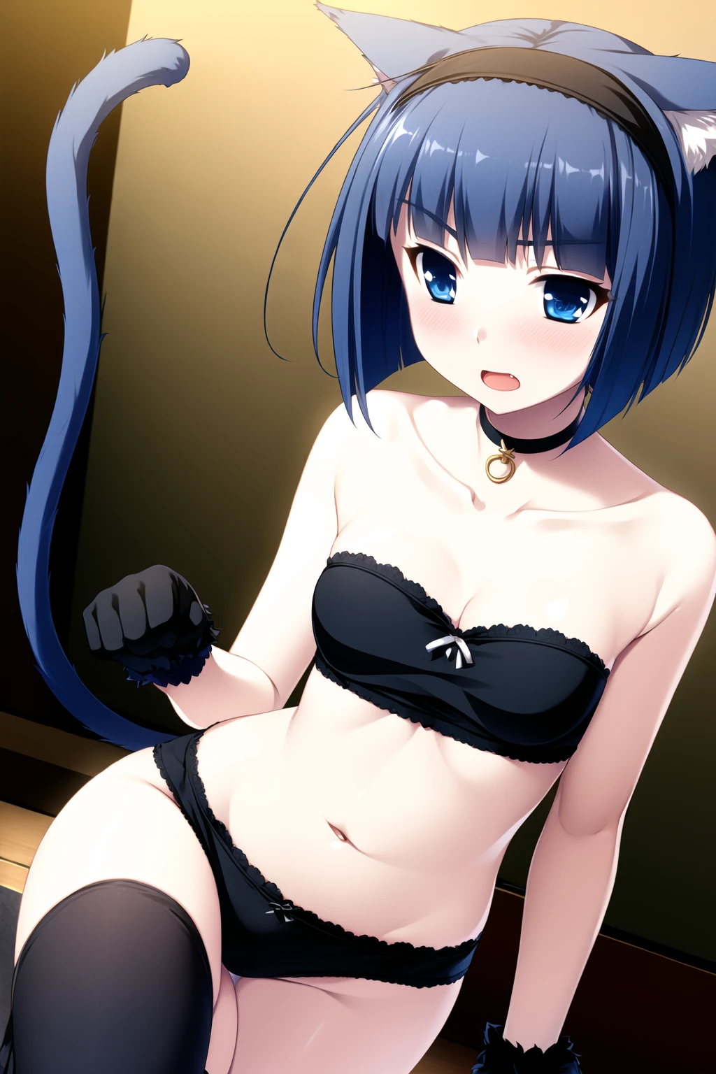 ((masterpiece, high quality, best quality)),
1girl, cat ears, cat tail, blue hair, blue eyes, black thighhighs, black gloves, short hair, paw pose, open mouth, medium breasts, navel, blush, underwear, hairband, bob cut, bandeau, fake cat ears,
<lora:saeki-style_v1.0:1.0>