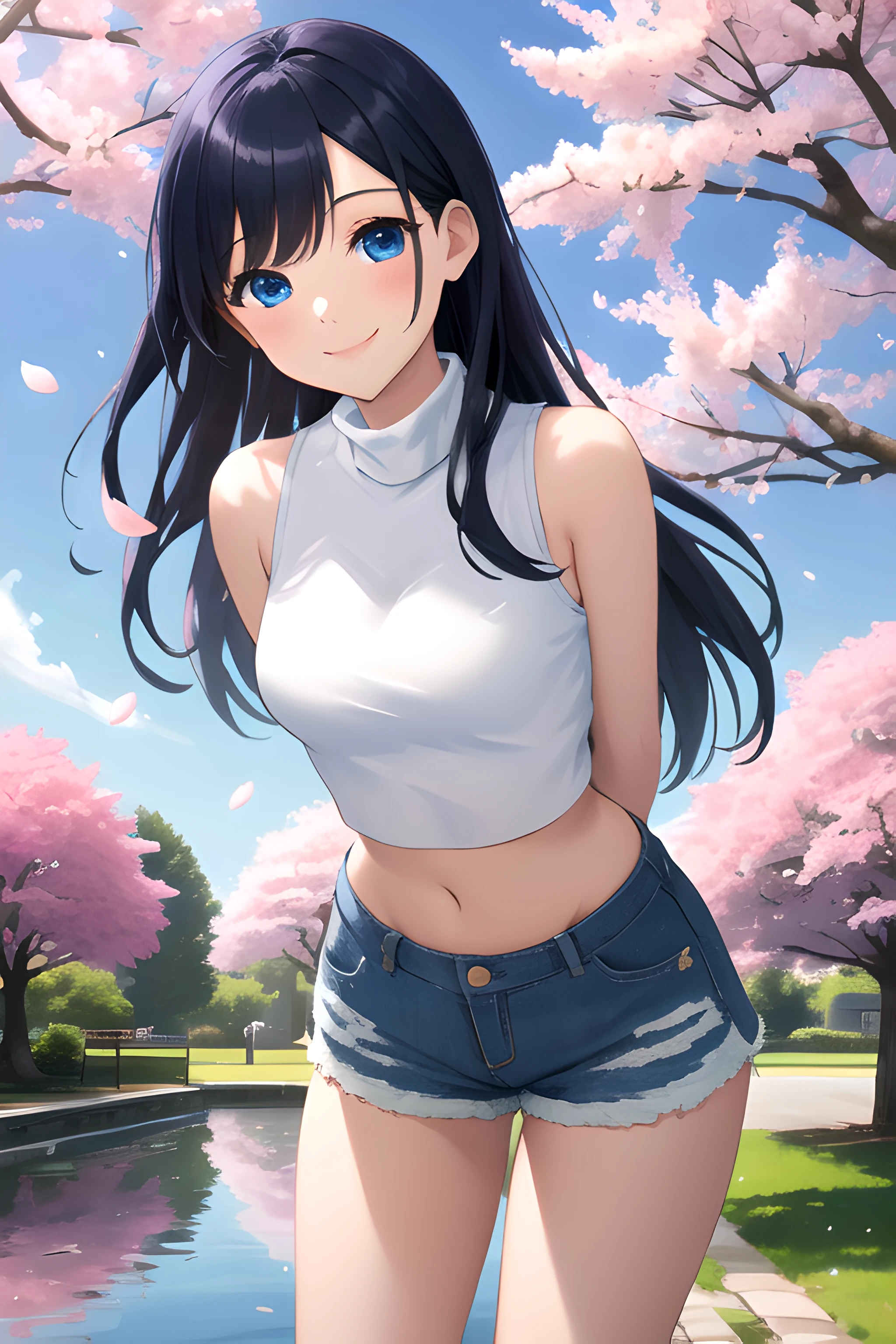 (masterpiece, best quality, absurdres, ultra detailed, intricate details, beautiful, finely detailed:1.5), 1girl, dark blue hair, blue eyes, very long straight hair, asymmetrical bangs, medium breasts, toned, white shirt, crop top, sleeveless, turtleneck, tight, denim shorts, outdoors, park, park bench, tree, cherry blossoms, falling petals, wind, flower, hydrangea, pond, water, reflective water, summer, sunlight, sky, blue sky, standing, leaning forward, arms behind back, happy, smile, cowboy shot, looking at viewer, sexually suggestive