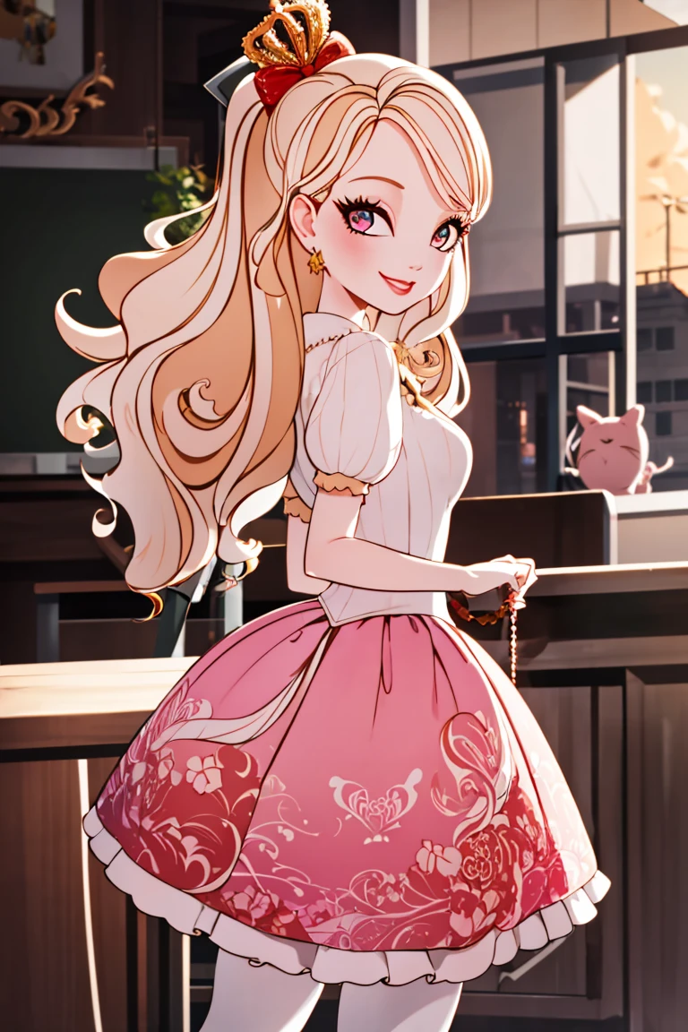((masterpiece,best quality)), absurdres,
<lora:Apple_White_EAH:0.7>, Apple_White_EAH,  pink skirt, 
solo, smiling, looking at viewer, cowboy shot, 
school background, cinematic composition, dynamic pose,