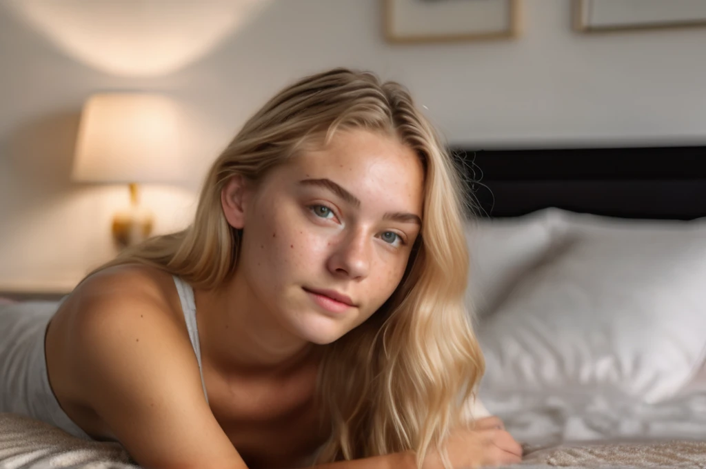 masterpiece, photorealistic, 18 yo and blonde woman sitting  in front of me, realisitic skin with (freckles:0.5) dimples skin pores, Background sleeping room, 8k uhd, dslr, bright lighting, high quality, film grain, Fujifilm XT3, <lora:first_nsfw:1>
